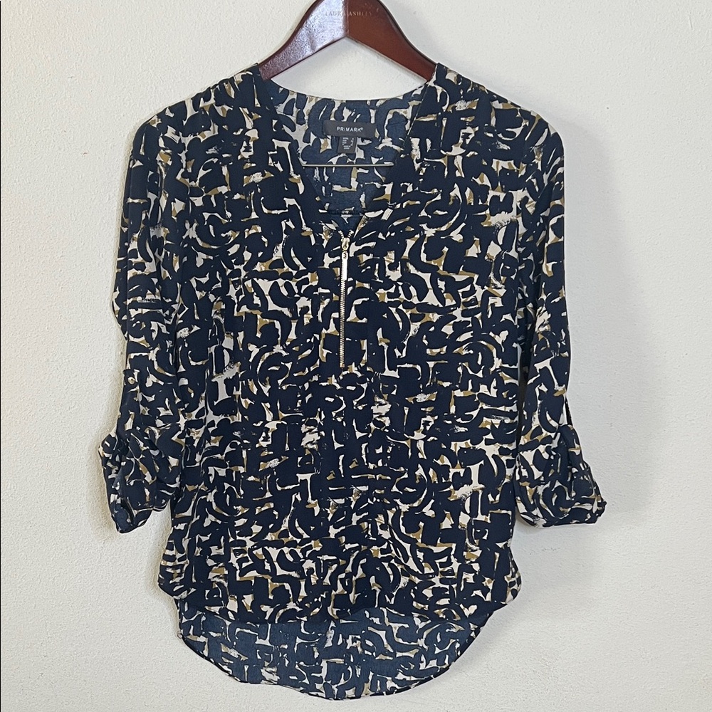 Primark Blouse Mid-Sleeve Blue Gold Womens Size 2 Casual Office Business